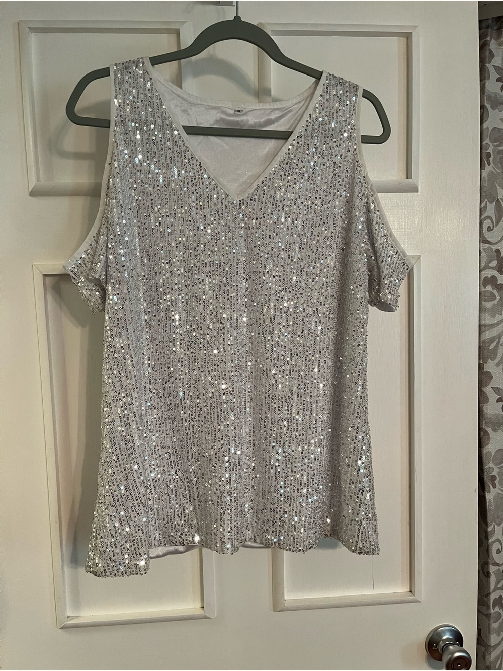 Sequin Cold-Shoulder V-Neck Top - Silver